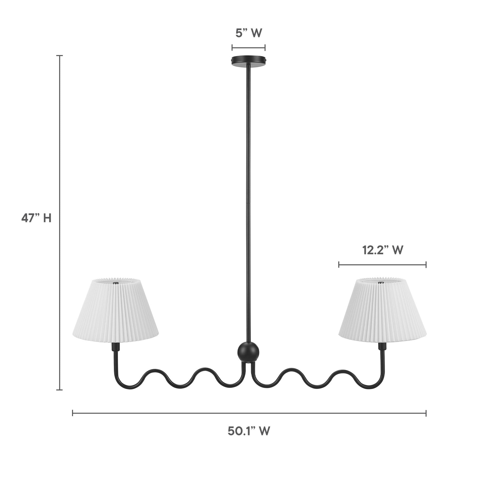 Black metal 2-arm pendant light with white pleated fabric shades on curling arms; 50.1" W, 47" H.