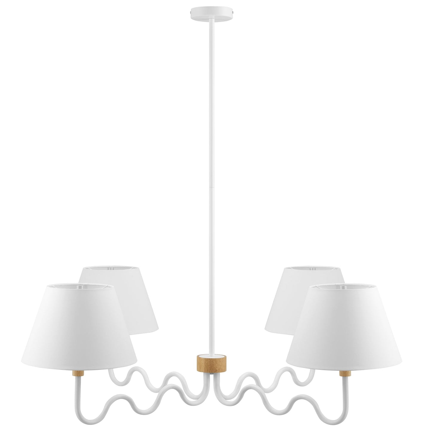 White four-arm pendant light with curved arms and white fabric drum shades, wood-toned canopy accent.