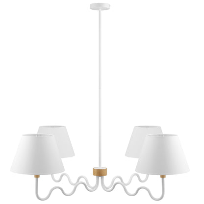 White four-arm pendant light with curved arms and white fabric drum shades, wood-toned canopy accent.