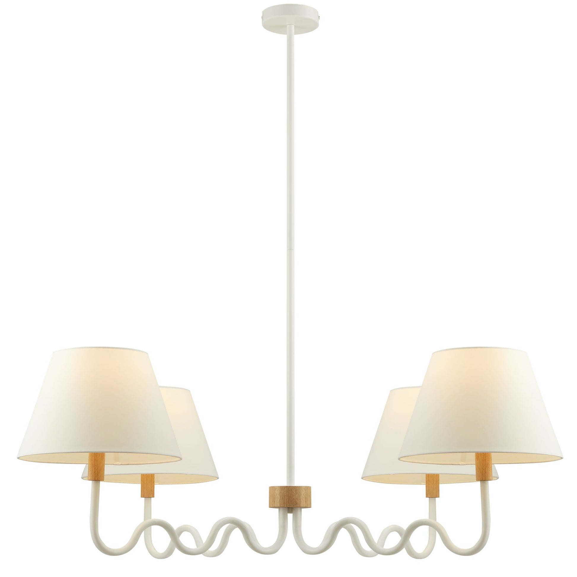 Ceiling-mounted four-arm pendant light with cream fabric shades, curved white arms and natural wood accents.