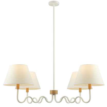 Ceiling-mounted four-arm pendant light with cream fabric shades, curved white arms and natural wood accents.
