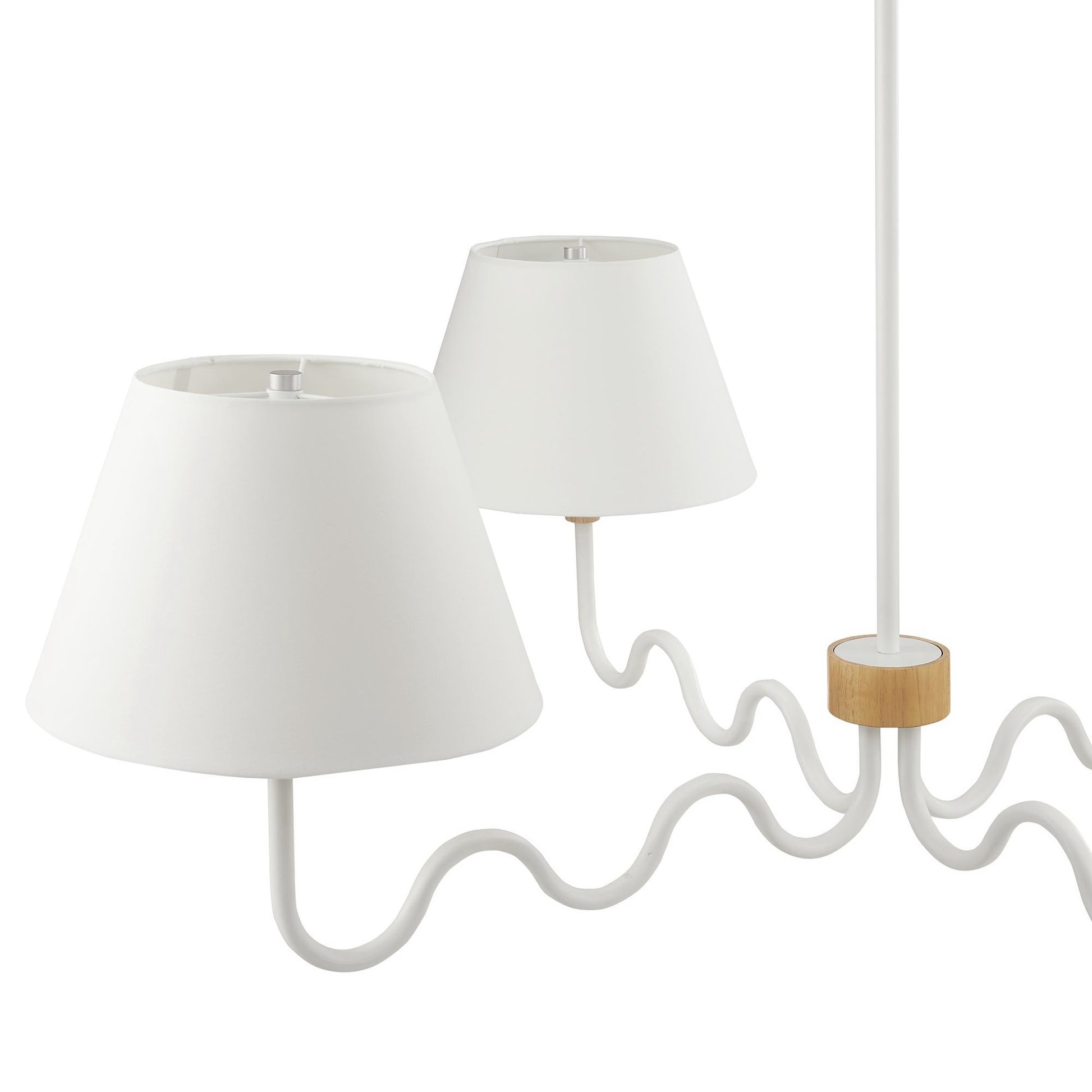 White double-lampshade pendant light with two conical fabric shades, curly cord and a natural wood accent.