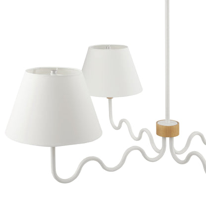 White double-lampshade pendant light with two conical fabric shades, curly cord and a natural wood accent.