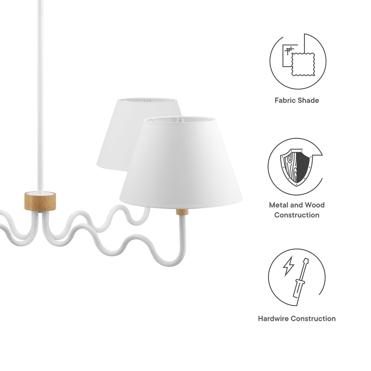 Ceiling pendant light with four curved white arms and white fabric shade lamps, featuring natural wood accents.
