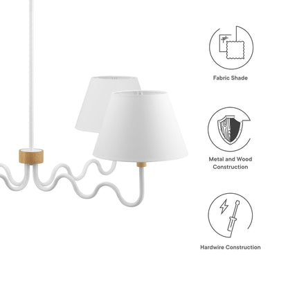 Ceiling pendant light with four curved white arms and white fabric shade lamps, featuring natural wood accents.