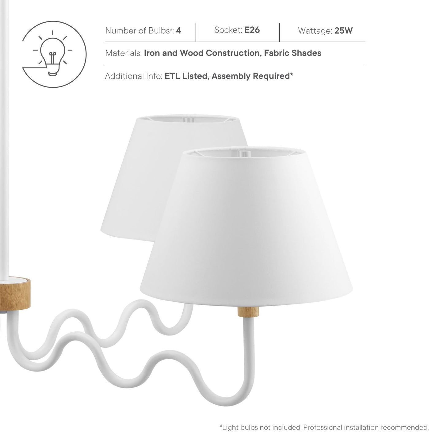 White iron and natural wood four-arm curved pendant light with white fabric shades.