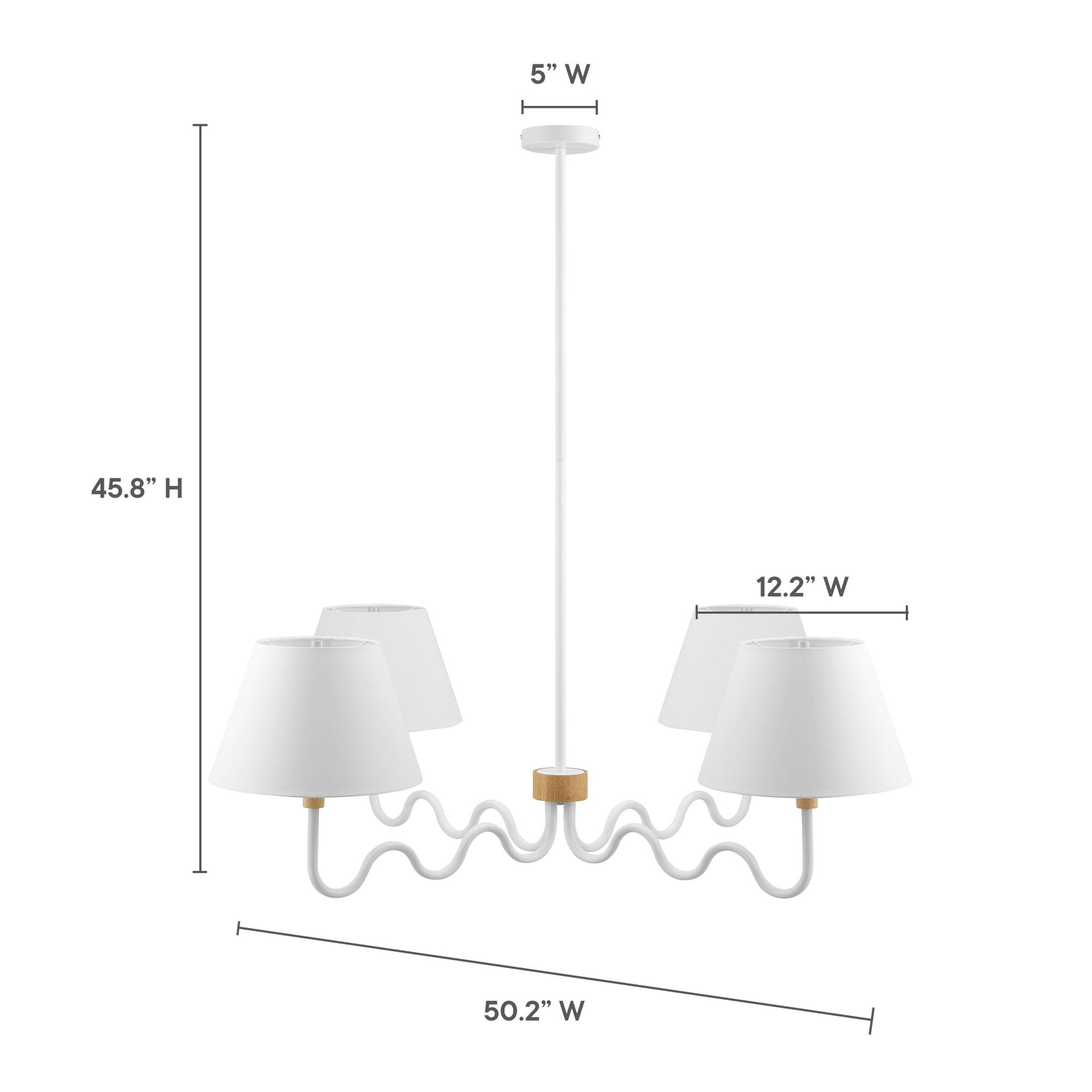 White metal 4-arm pendant light with white fabric shades and a wood accent ring, 50.2" wide, 45.8" high, 5" ceiling canopy.