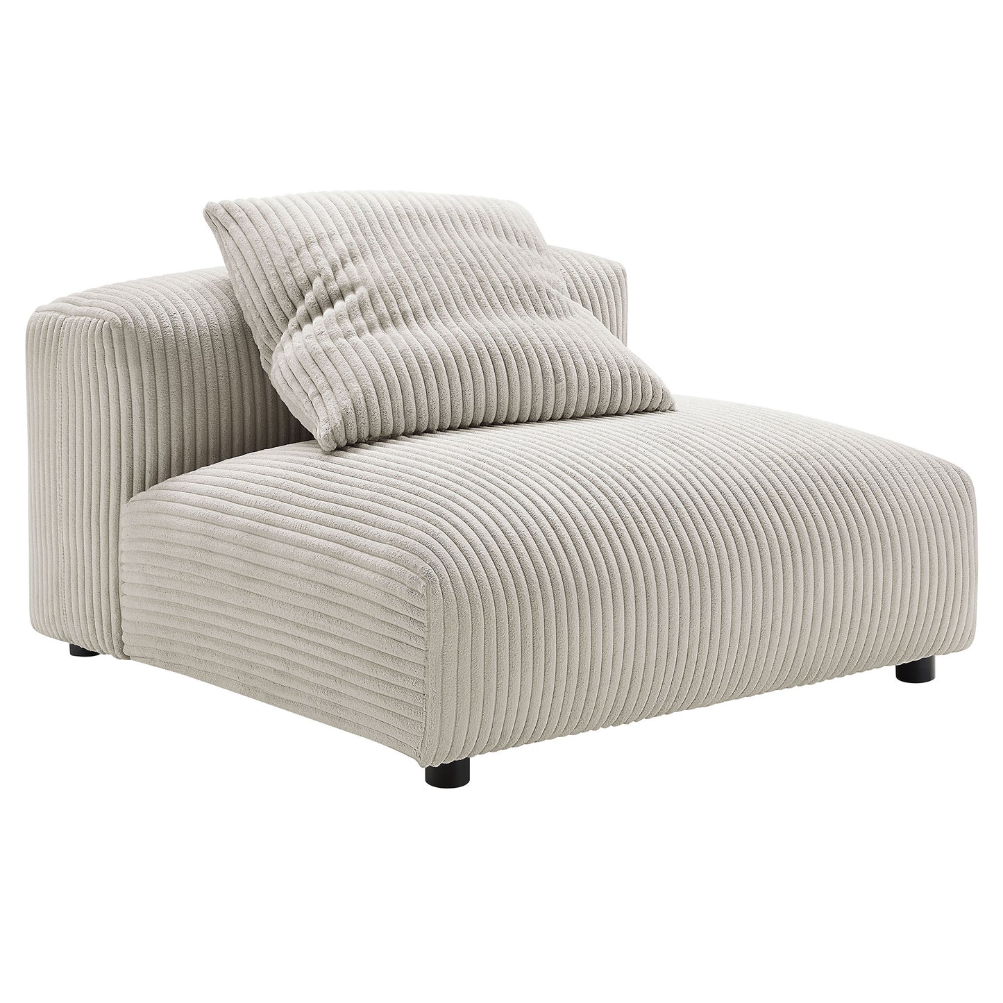 Brown corduroy armless chair with backrest and matching pillow, low-profile square design, small black feet.