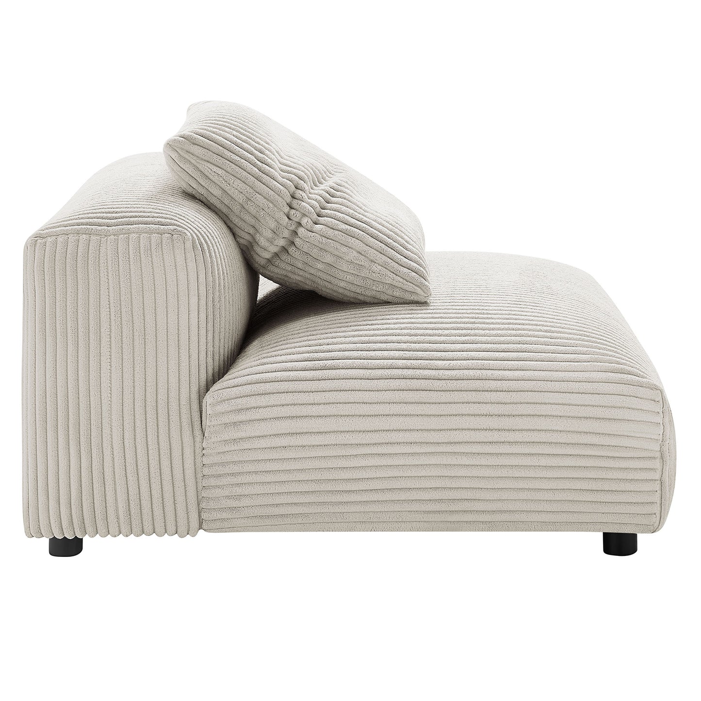 Beige almond corduroy armless chair with ribbed texture, matching back cushion, and low-profile black feet.