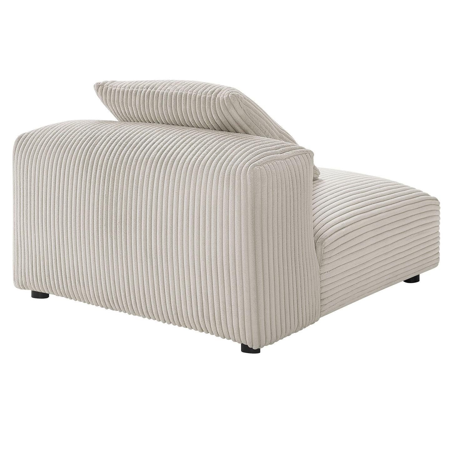 Brown ribbed corduroy armless chair with a back cushion and low black legs.
