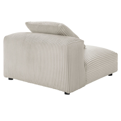 Brown ribbed corduroy armless chair with a back cushion and low black legs.