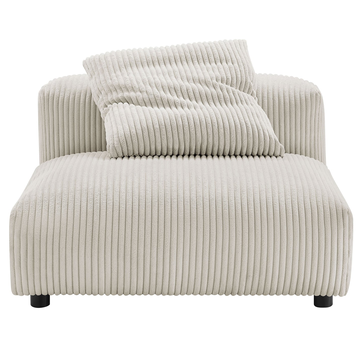 Brown ribbed corduroy armless modular chair with two matching cushions and short legs.