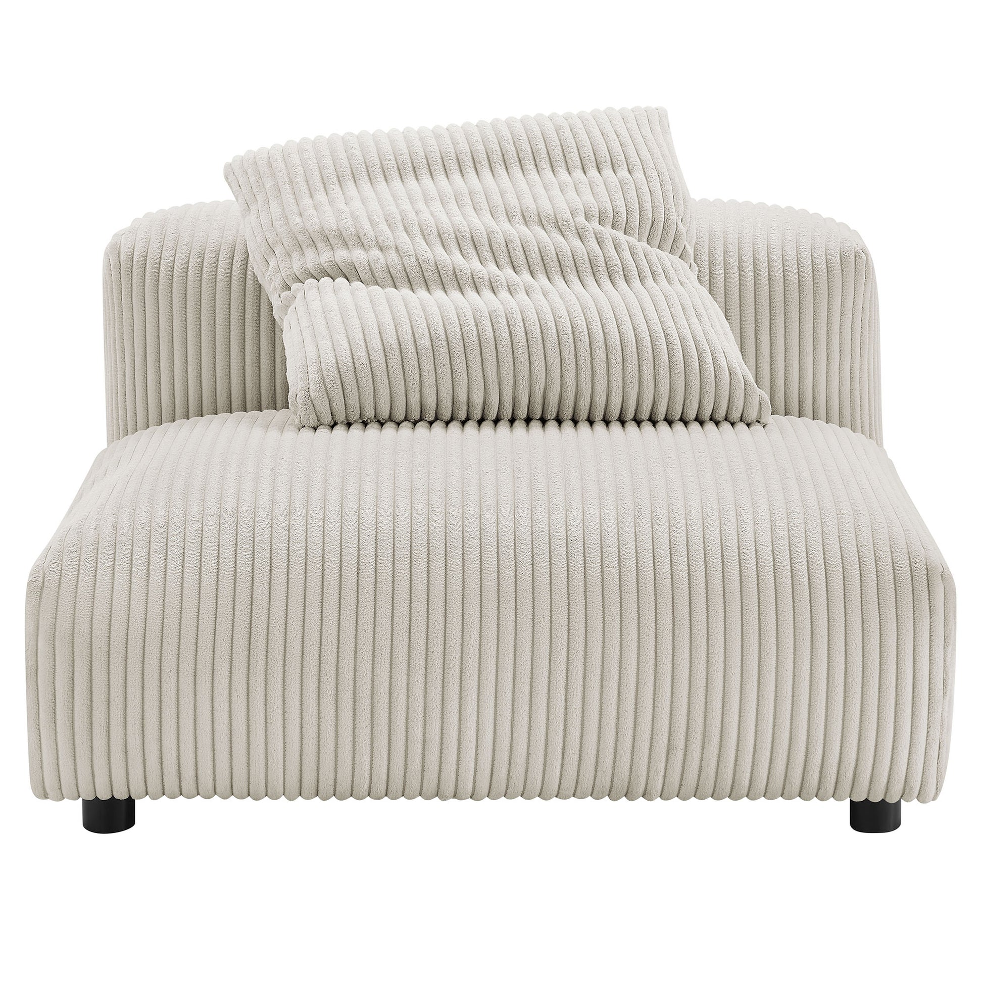 Brown ribbed corduroy armless modular chair with two matching cushions and short legs.
