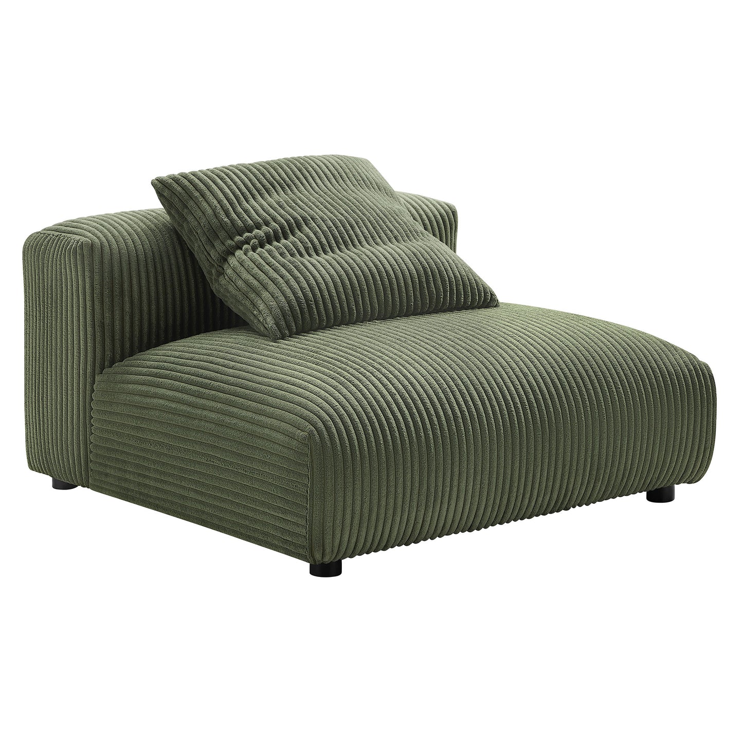 Olive green corduroy modular sectional sofa with ottoman, ribbed texture and matching cushions, modern low-profile living room seating.