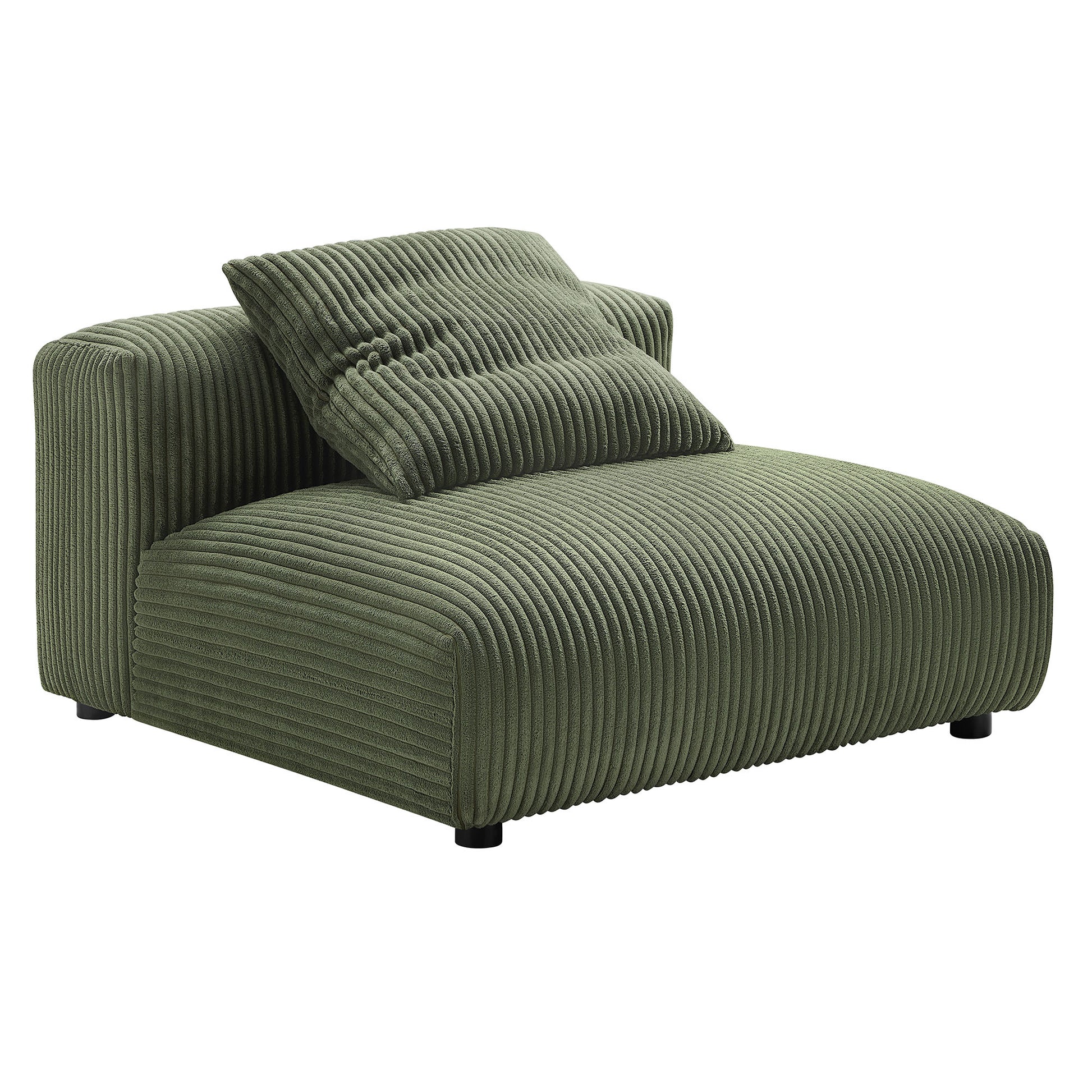 Olive green corduroy modular sectional sofa with ottoman, ribbed texture and matching cushions, modern low-profile living room seating.