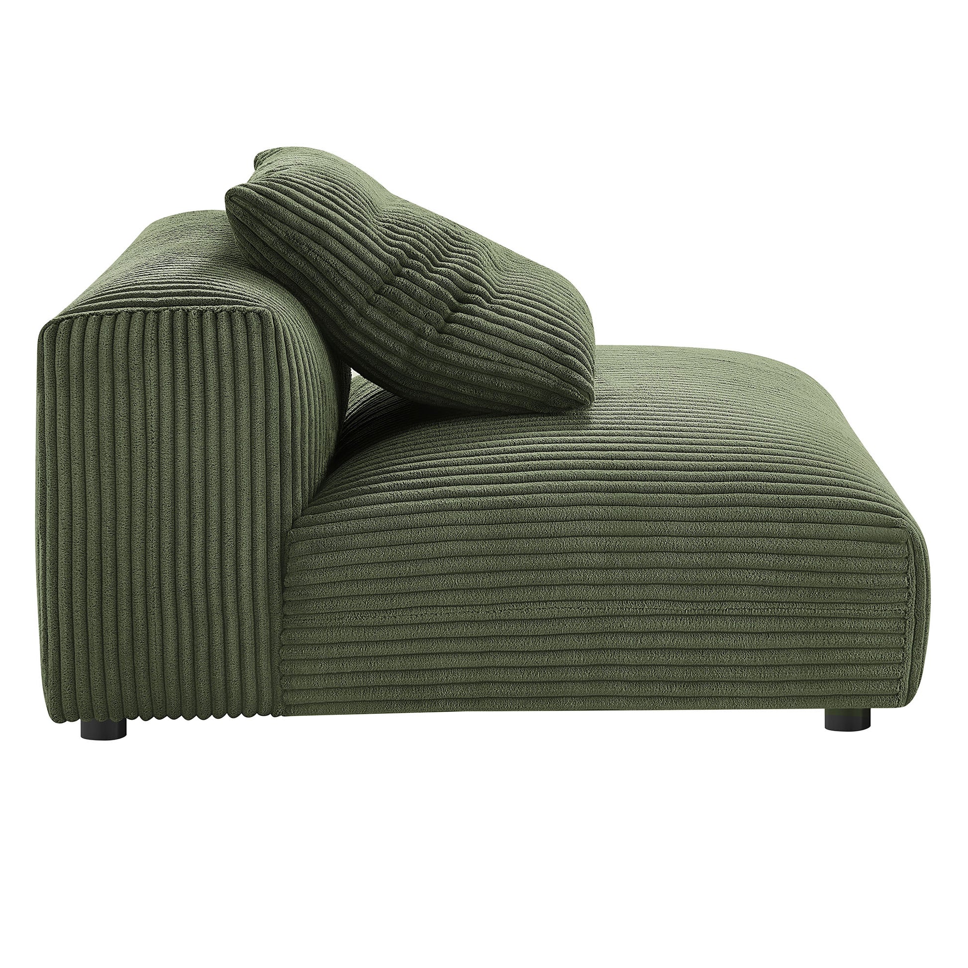 Olive green corduroy modular sofa with ribbed upholstery, 3-piece configuration, low-profile sections and black legs.
