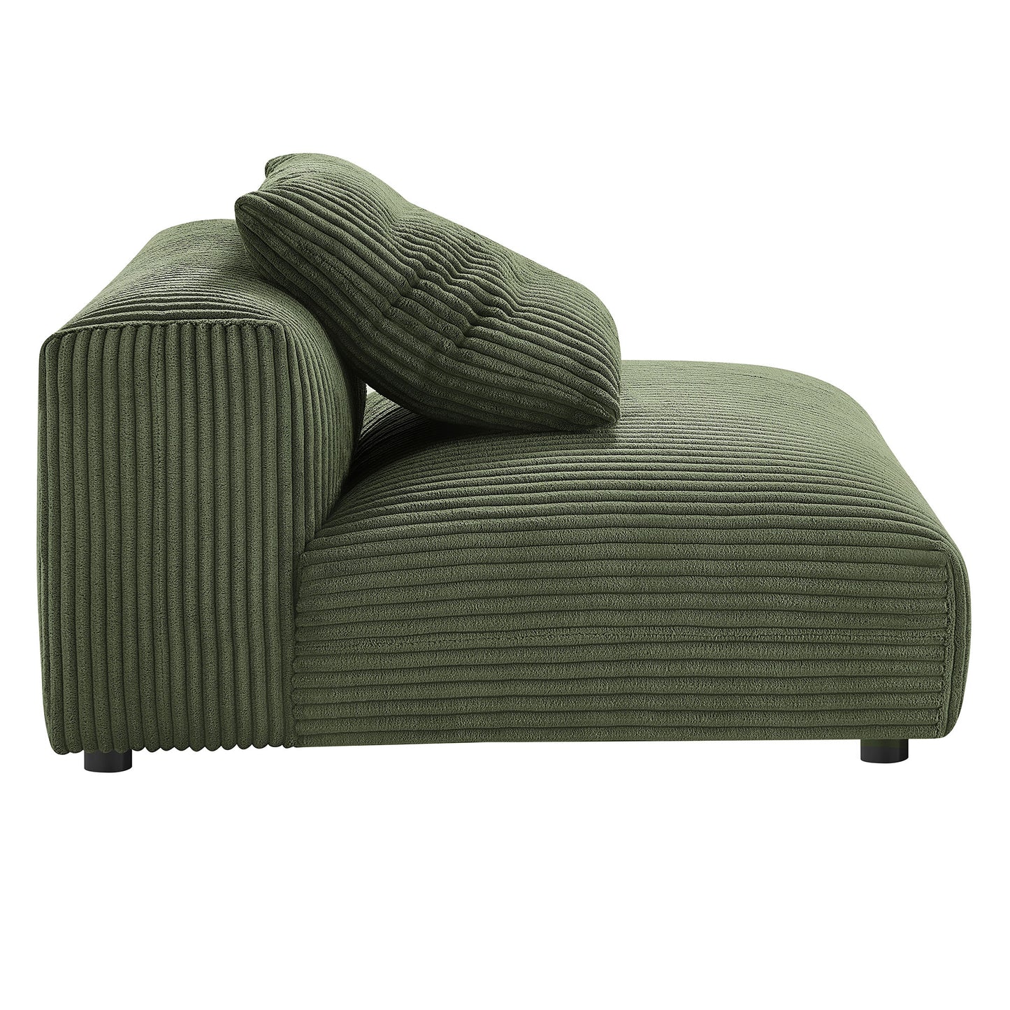 Olive green corduroy modular sectional sofa with ribbed texture and low-profile arms.