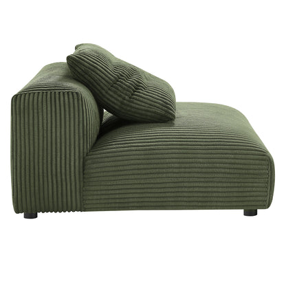 Olive green corduroy modular armless chair and ottoman set with ribbed texture.