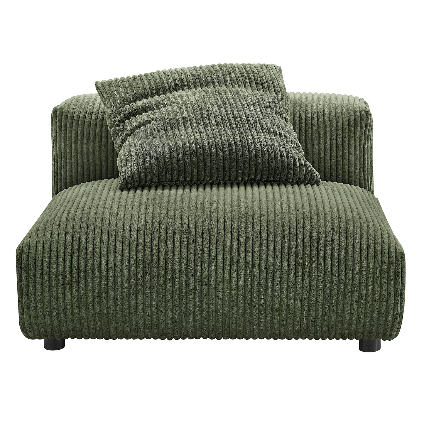 Olive green corduroy 3-piece modular sofa with ribbed fabric, low-profile square arms, and matching cushions.