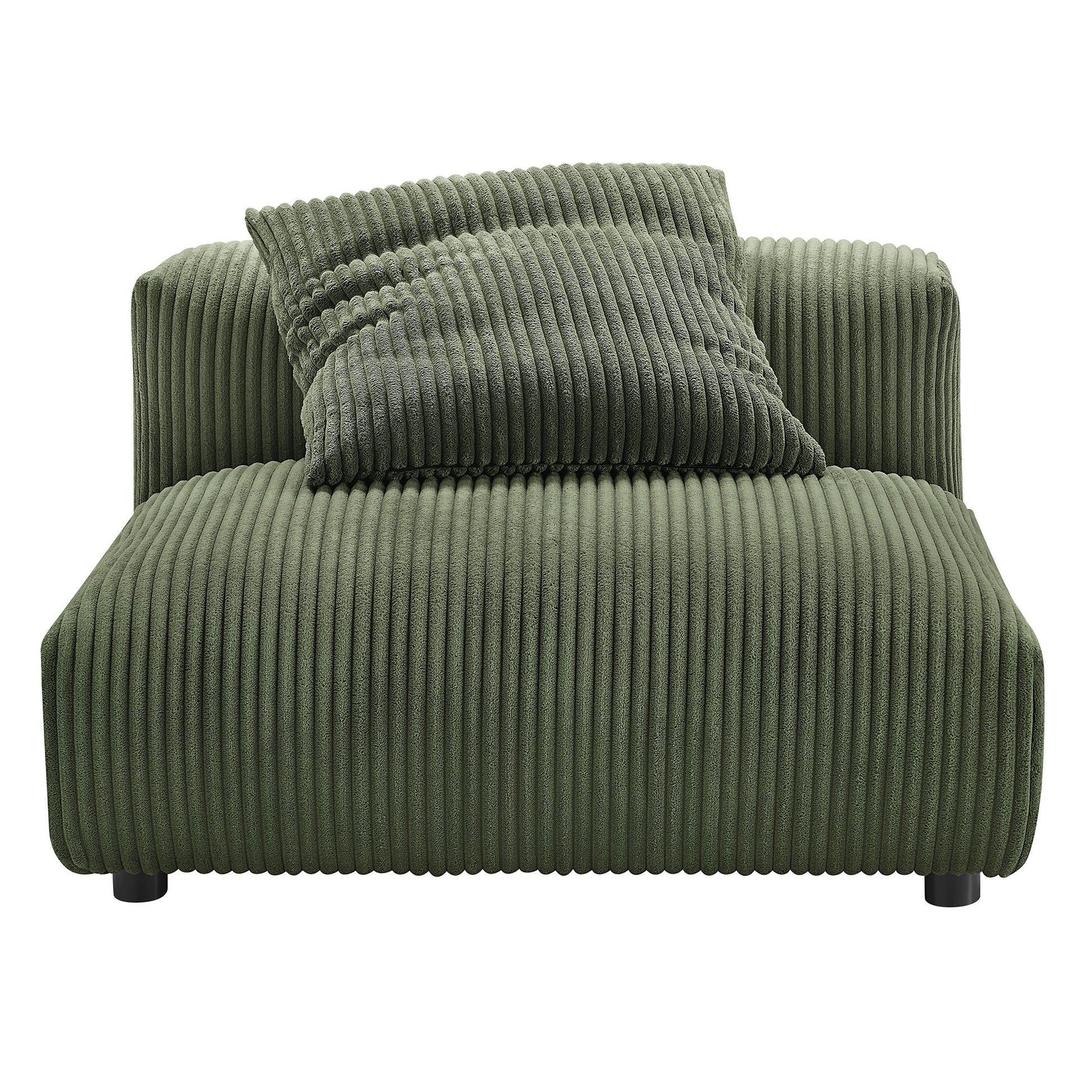 Olive green corduroy 3-piece modular sofa with ribbed fabric, low-profile square arms, and matching cushions.