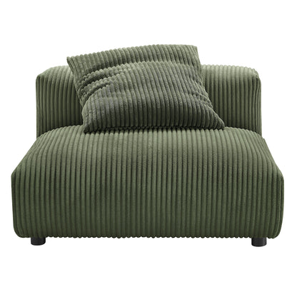 Olive green corduroy 3-piece modular sofa with ribbed fabric, low-profile square arms, and matching cushions.