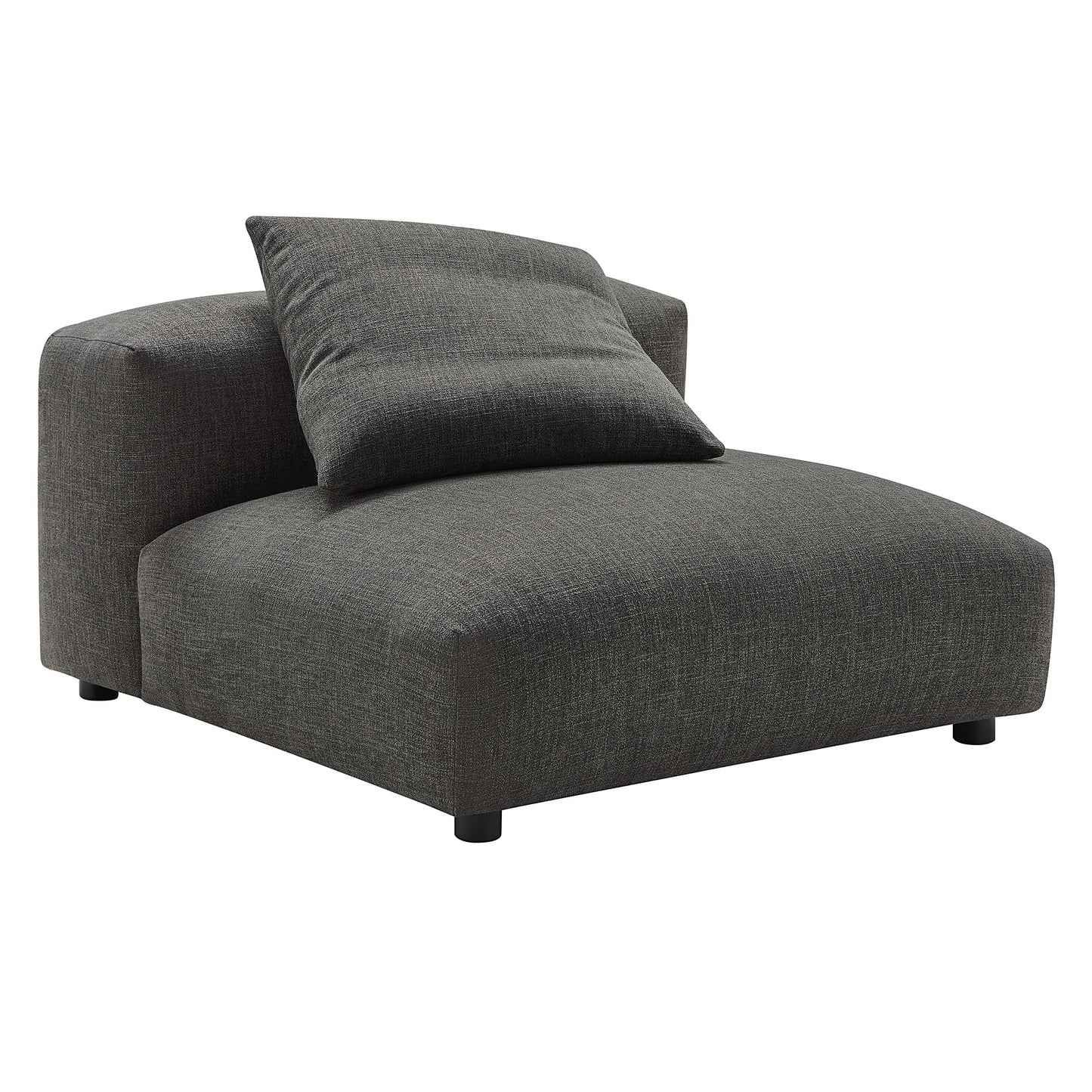 Charcoal gray fabric sectional sofa with a low-profile rectangular seat, left-side back/arm, and a matching cushion; part of a 4-piece modular set.