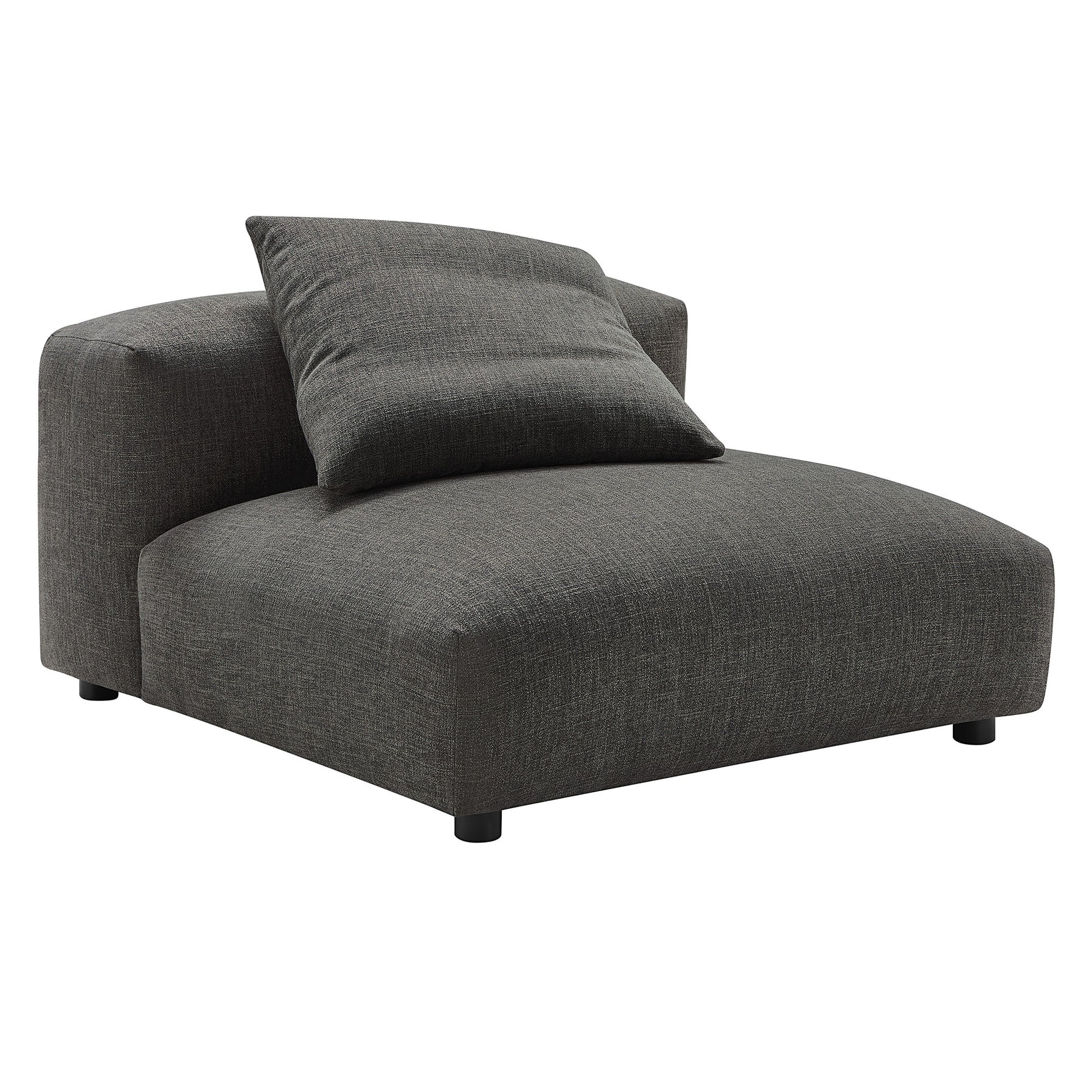 Charcoal gray fabric sectional sofa with a low-profile rectangular seat, left-side back/arm, and a matching cushion; part of a 4-piece modular set.