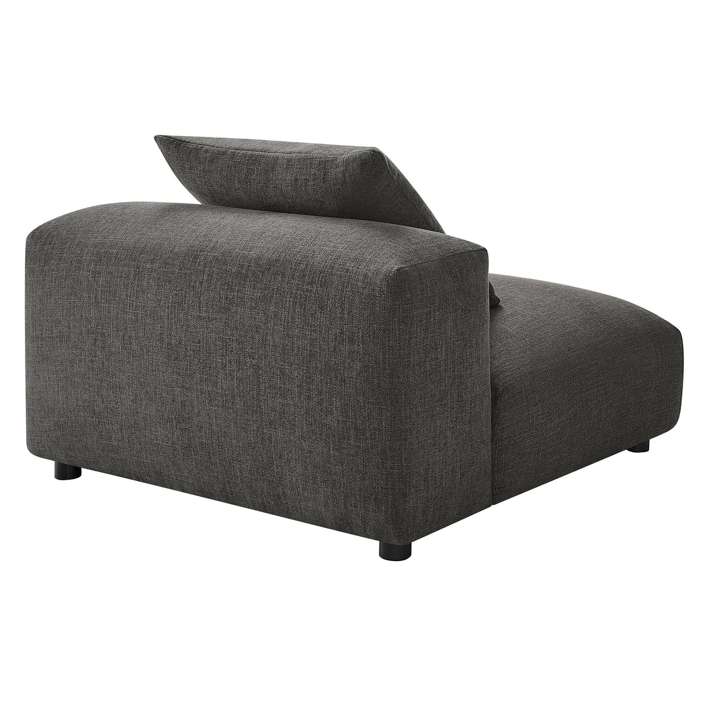 Charcoal gray fabric modular armless chair with back cushion and low block legs for modern living spaces.