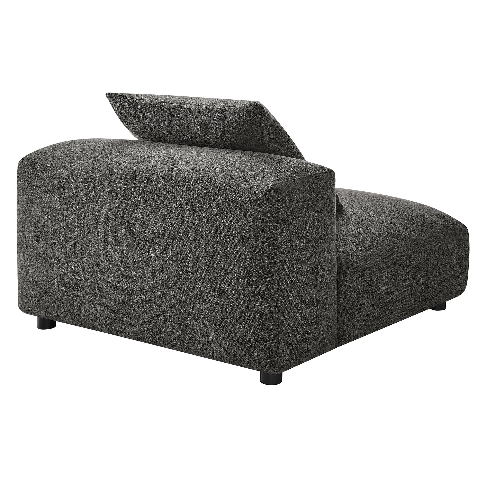Charcoal gray fabric modular armless chair with back cushion and low block legs for modern living spaces.