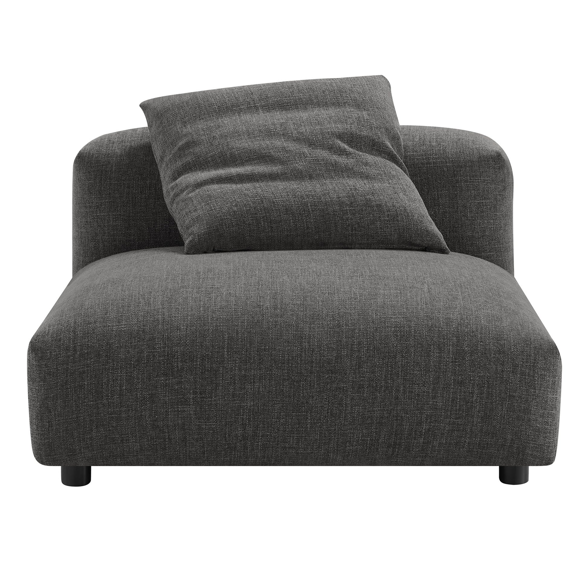 Charcoal gray fabric armless chair with a back cushion and short black legs; modern low-profile design.