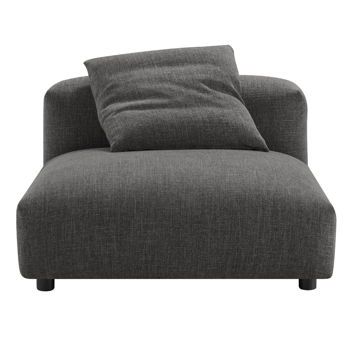 Dark gray fabric armless chair and ottoman set with low black legs.