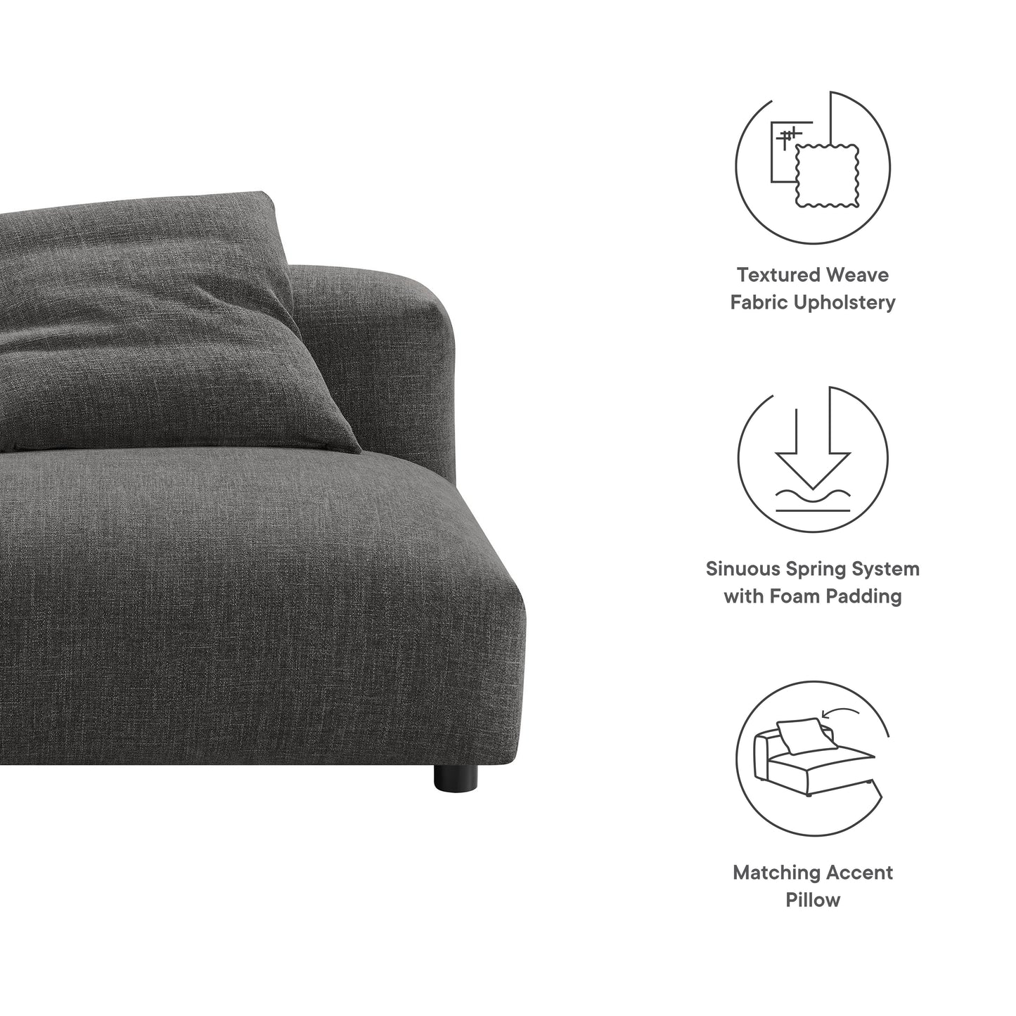 Gray textured weave fabric armless chair with cushions, foam-padded sinuous spring system, and a matching accent pillow.