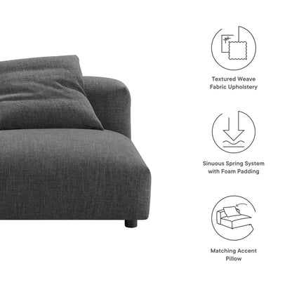 Gray textured weave fabric armless chair with cushions, foam-padded sinuous spring system, and a matching accent pillow.
