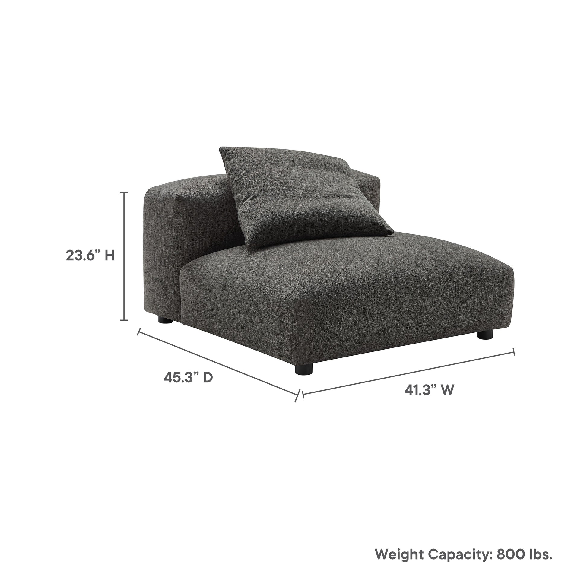 Charcoal gray fabric armless chair with back cushion, 41.3W x 45.3D x 23.6H.