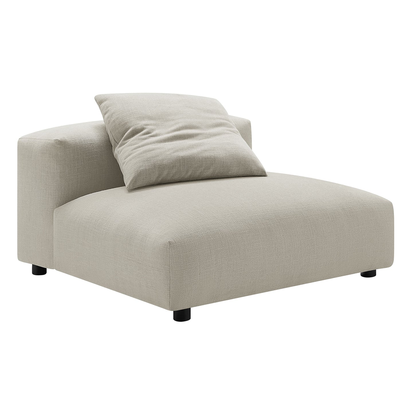 Brown four-piece modular fabric sectional sofa with ottoman; upholstered seating with a low-profile back and short black legs.