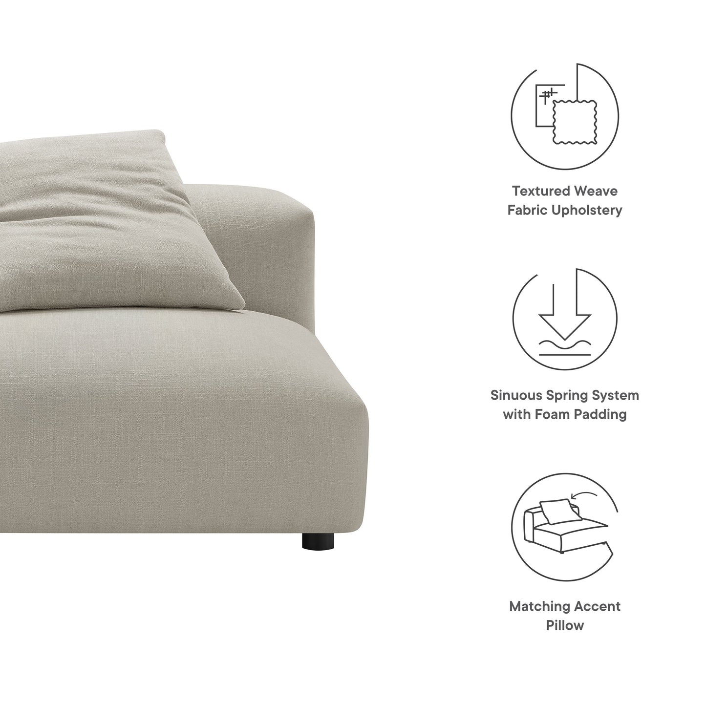 Brown textured-weave fabric armless modular chair; foam-padded seat and sinuous spring system, modern compact seating.