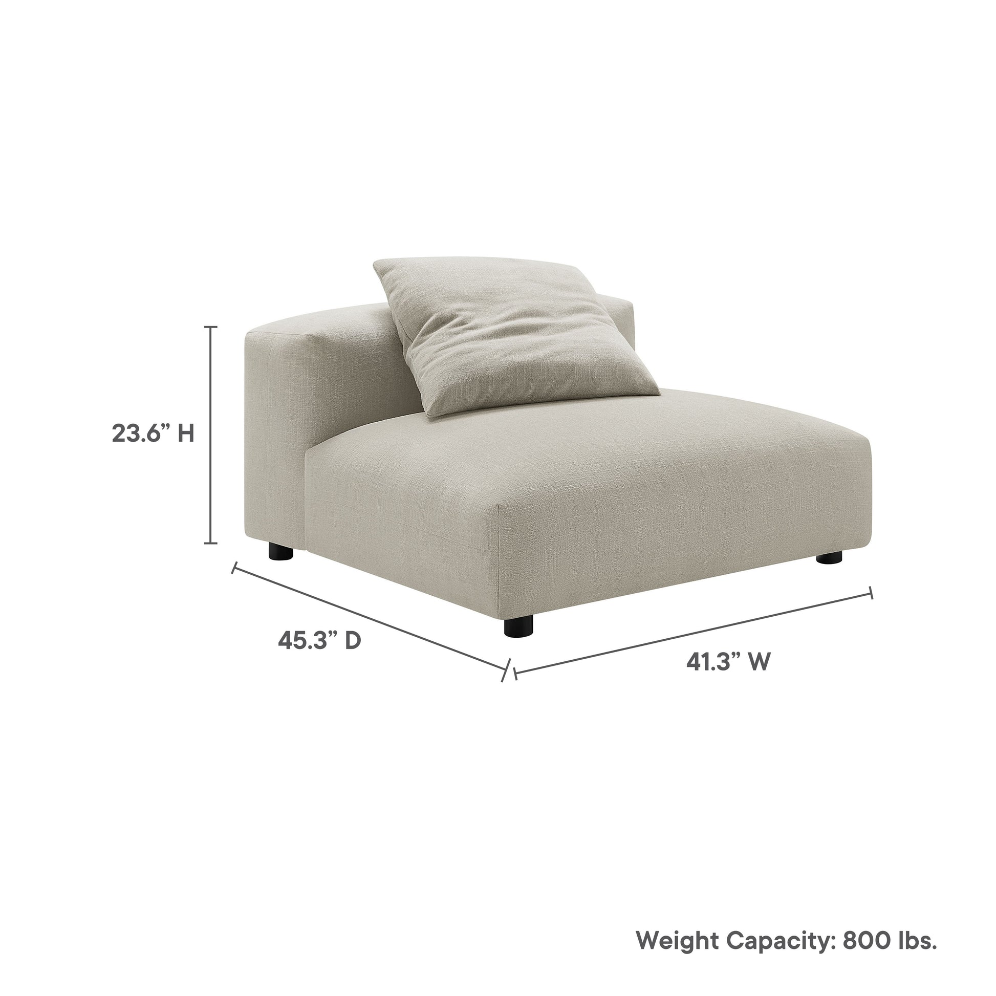 Beige fabric armless modular chair with cushioned seat and back, low black legs.
