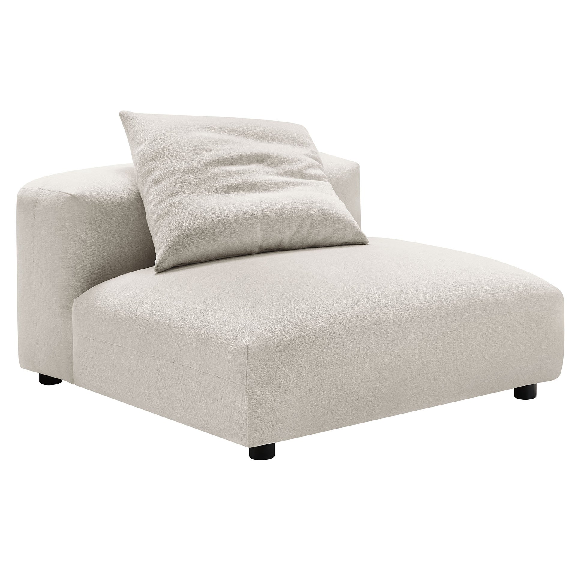 Gray fabric three-piece modular sofa with low-profile arms and loose back cushions.