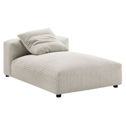 Brown corduroy upholstered 2-piece modular sectional sofa with chaise, matching pillows, and low black legs.