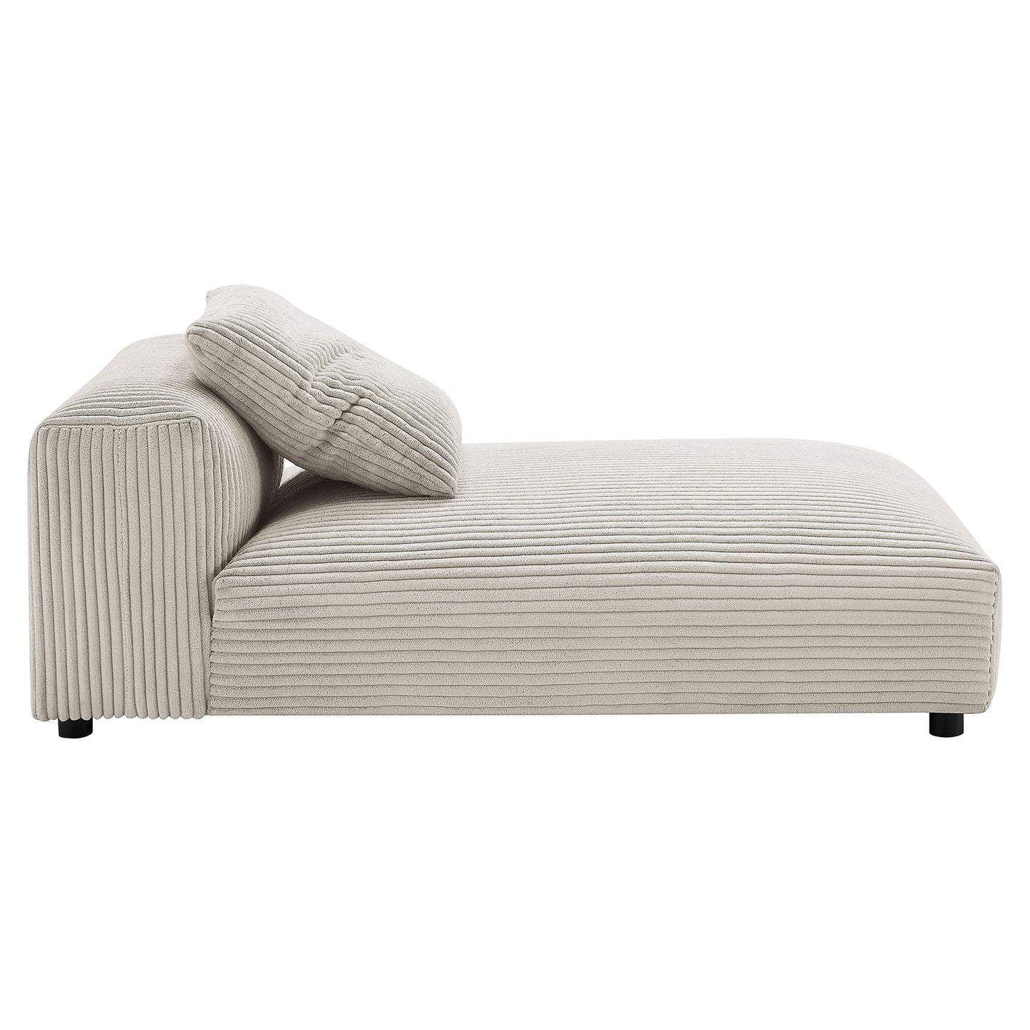 Beige corduroy modular sectional sofa with chaise, featuring ribbed upholstery, a low back, and a matching cushion.