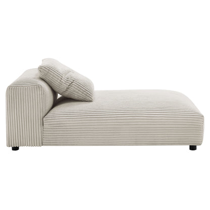 Beige corduroy modular sectional sofa with chaise, featuring ribbed upholstery, a low back, and a matching cushion.