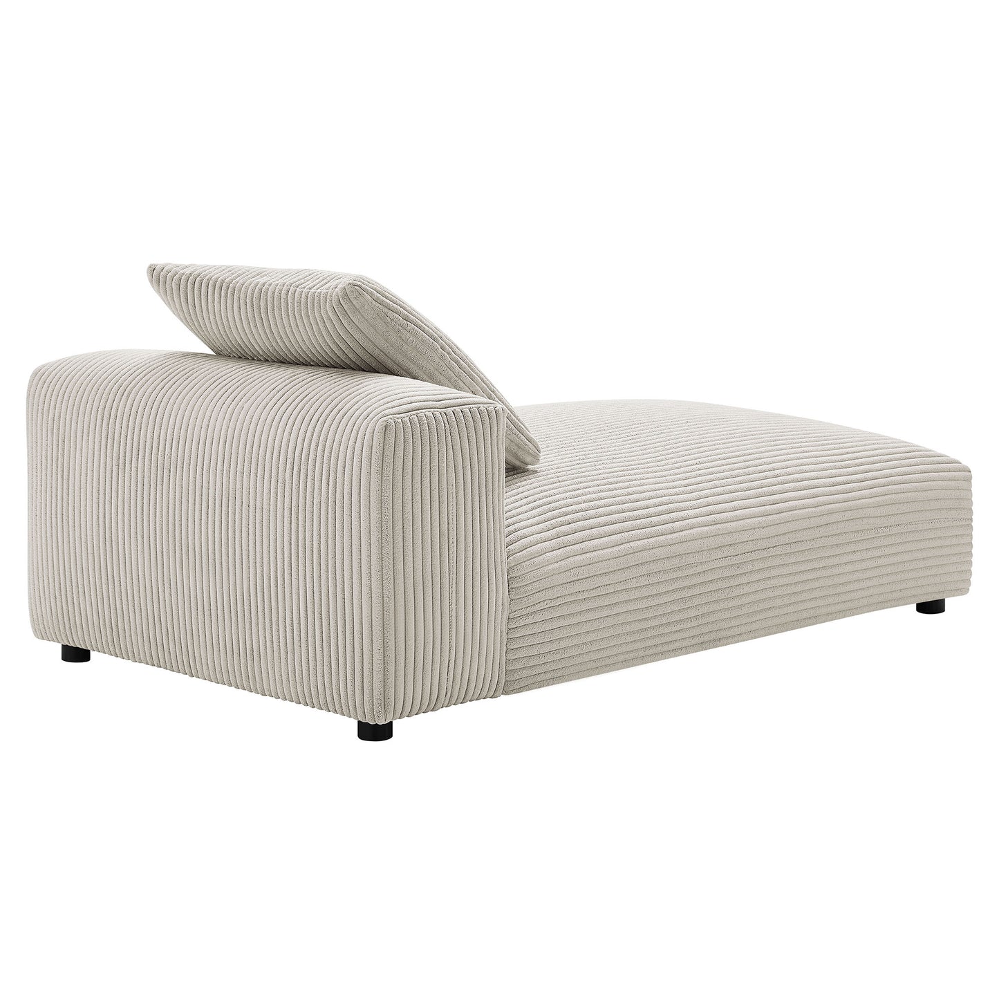 Brown corduroy armless chaise lounge with a single back cushion, low profile, black feet.