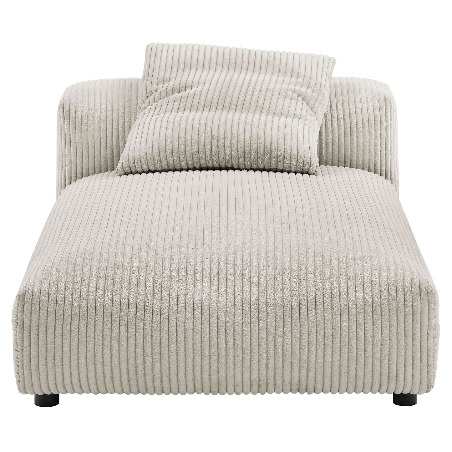 Beige ribbed corduroy armless chaise lounge with matching bolster pillow, modern low-profile design.