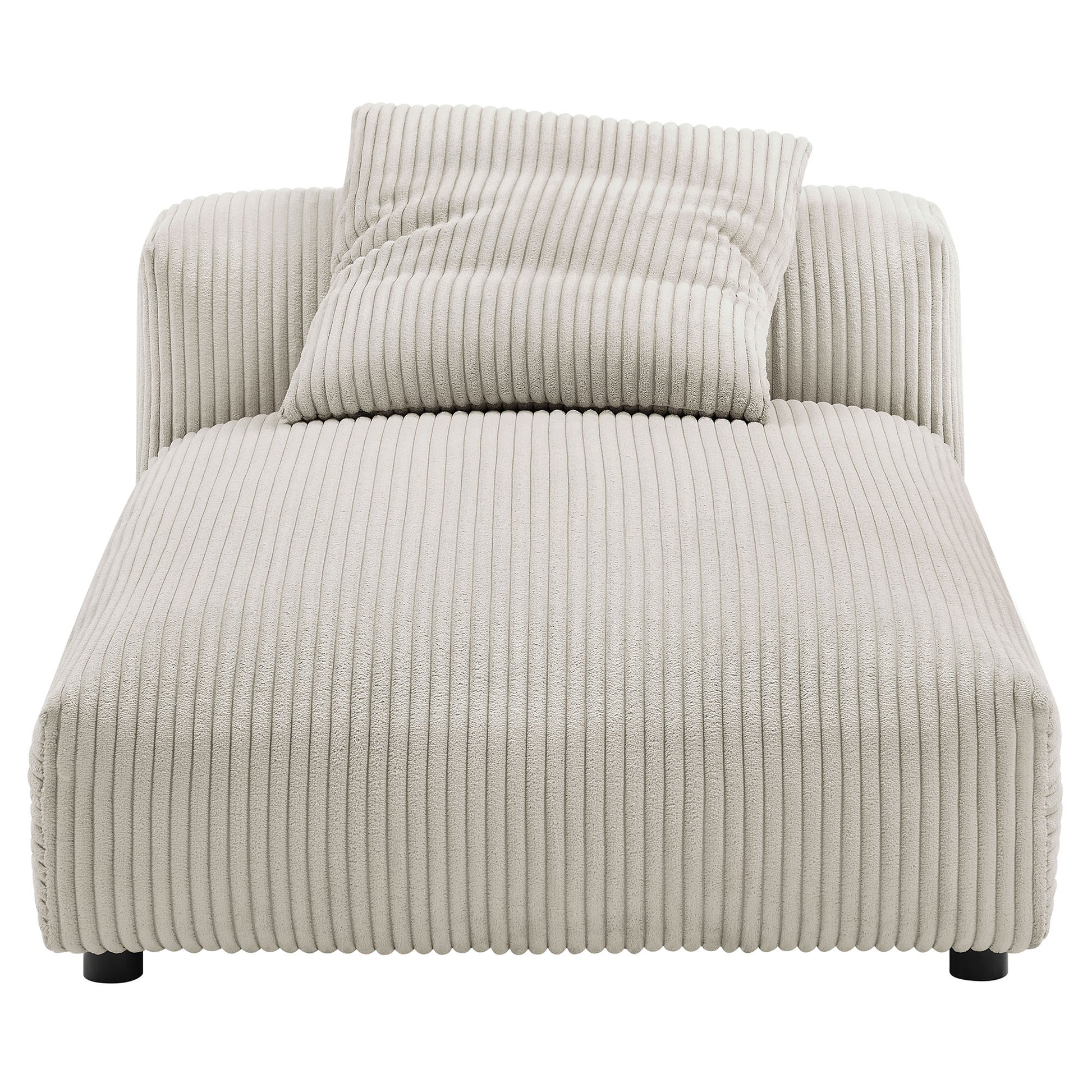 Beige ribbed corduroy armless chaise lounge with matching bolster pillow, modern low-profile design.