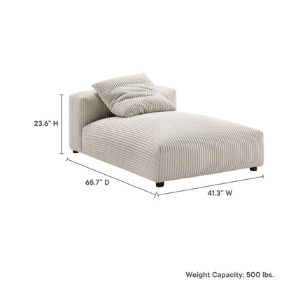 Brown ribbed upholstered armless chaise lounge with two striped cushions; long bed-like seat, 65.7D x 41.3W x 23.6H.