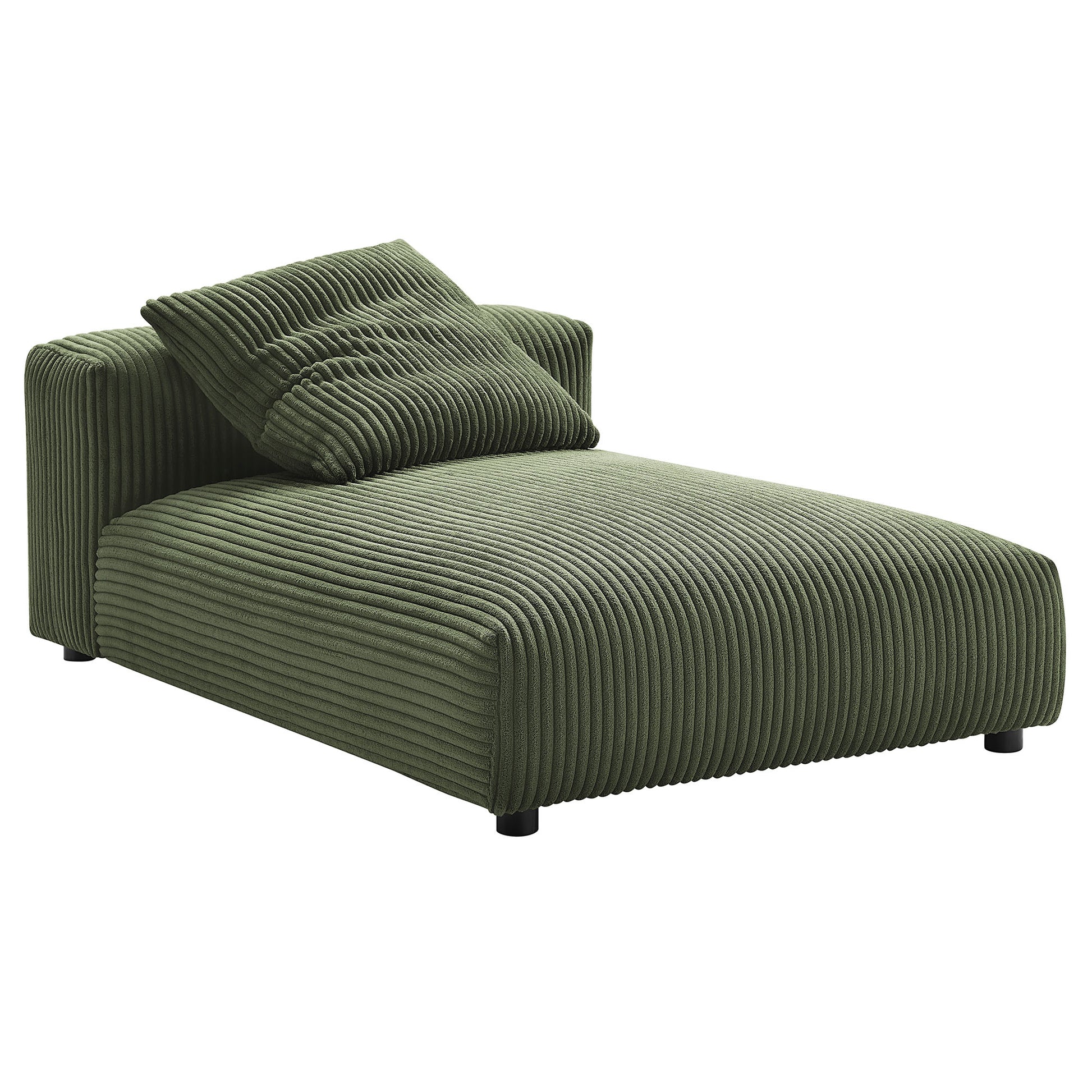 Olive green corduroy modular sectional sofa with ottoman; low-profile rectangular seats and back cushions, ribbed fabric.