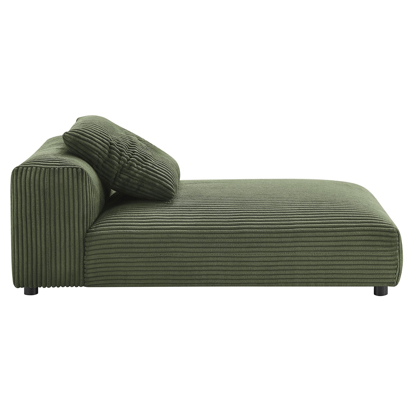 Olive green corduroy chaise longue with ribbed texture, left armrest, matching bolster cushion, low-profile legs.