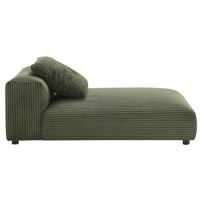 Olive green corduroy chaise longue with ribbed texture, left armrest, matching bolster cushion, low-profile legs.