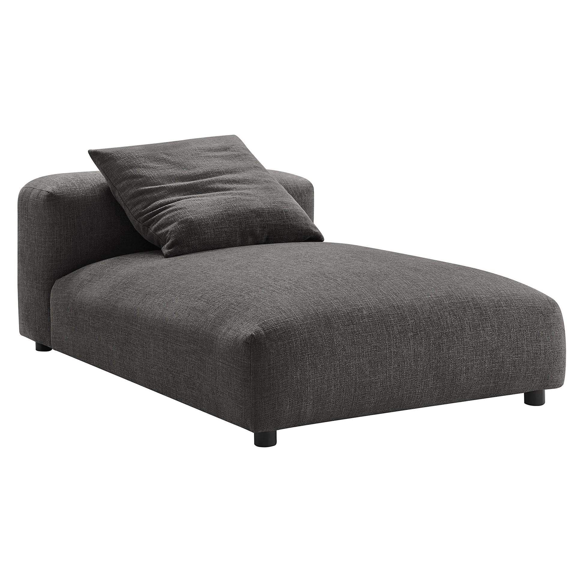 Dark gray fabric modular sectional sofa with chaise, low-profile frame & curved back, with matching cushions; modern minimalist seating.