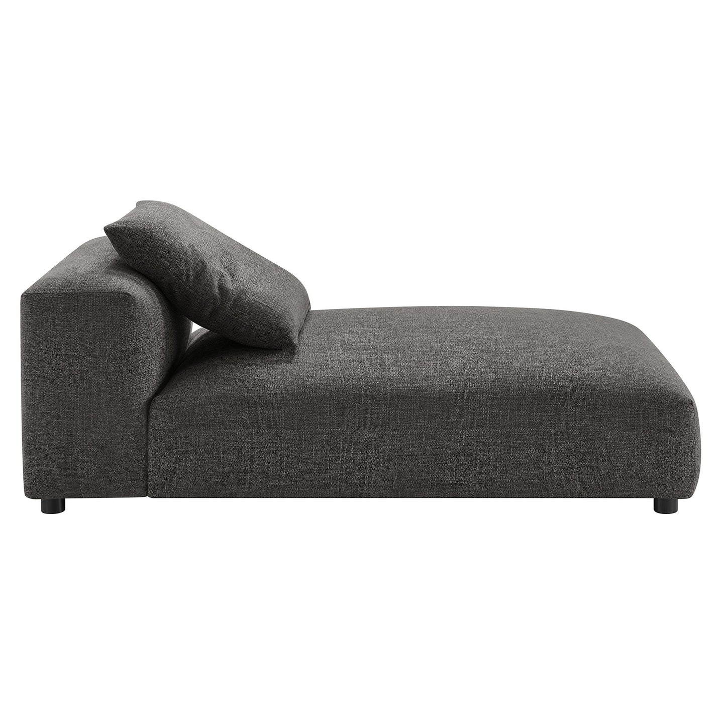 Charcoal gray fabric armless chaise lounge with a matching cushion for a modern living room.